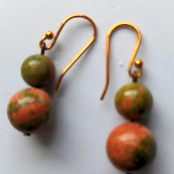 Unikite & pink jade necklace earrings set.New, Handcrafted. 22", copper toggle